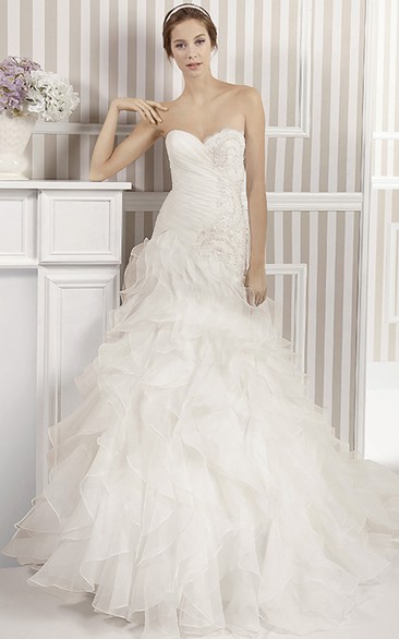 A-Line Ruffled Sweetheart Floor-Length Organza Wedding Dress With Cascading Ruffles And Beading
