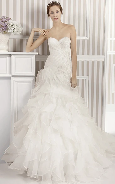 A-Line Ruffled Sweetheart Floor-Length Organza Wedding Dress With Cascading Ruffles And Beading