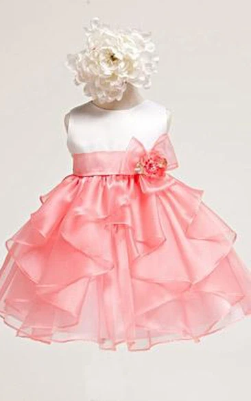 Tea-Length Tiered Organza&Satin Flower Girl Dress