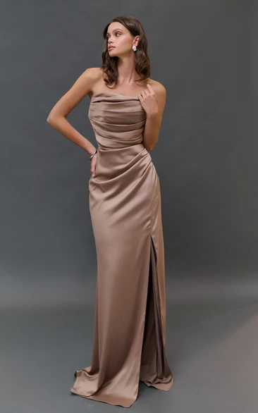 Strapless Ruched Split Side Dropped Dress