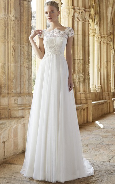 A-Line Cap Sleeve Empire Bateau Neck Lace Tulle Modest Wedding Dress