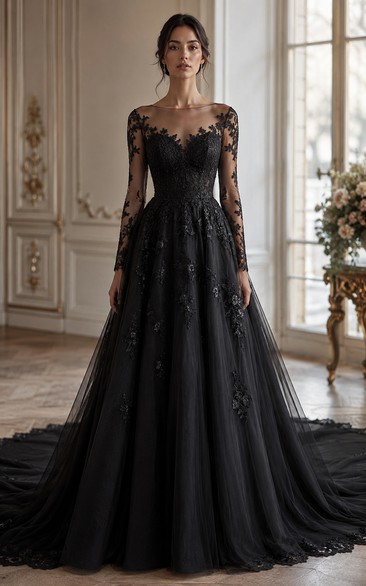 Black Long Sleeve Tulle Lace A-Line Wedding Dress