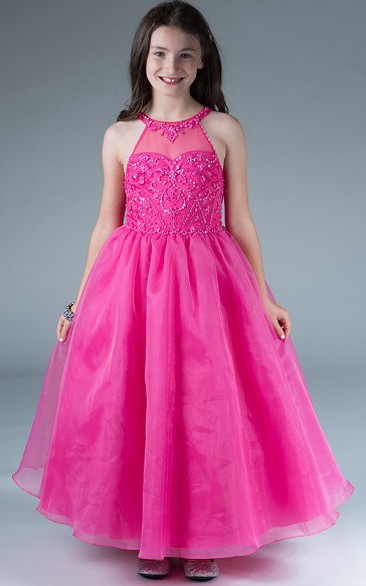Flower Girl High Neck Sequined Top Organza Long Dress