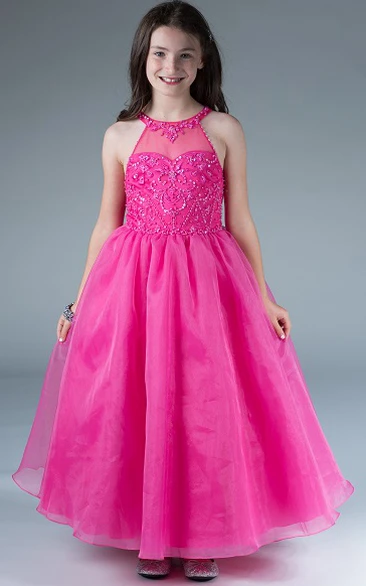 Flower Girl High Neck Sequined Top Organza Long Dress
