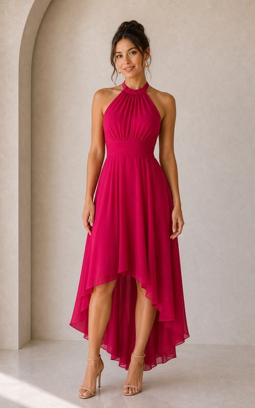 Fuchsiafarbenes Chiffon-Kleid mit Neckholder und asymmetrischem Saum in A-Linie