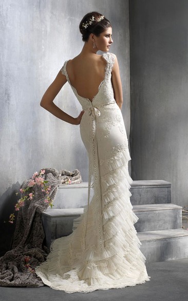 Gorgeous V-Neck Tiered Pleated Lace Mother Of Thebride Dress With Cap Sleeve