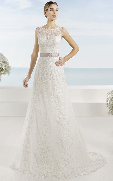 A-Line Sleeveless Appliqued Bateau Floor-Length Lace Wedding Dress With Bow And Illusion Back