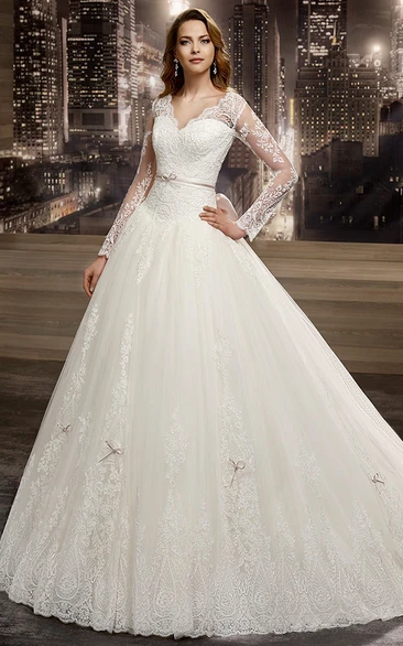 Illusion V-neck A-line Wedding Dress with Long Sleeves and Back Bow 
