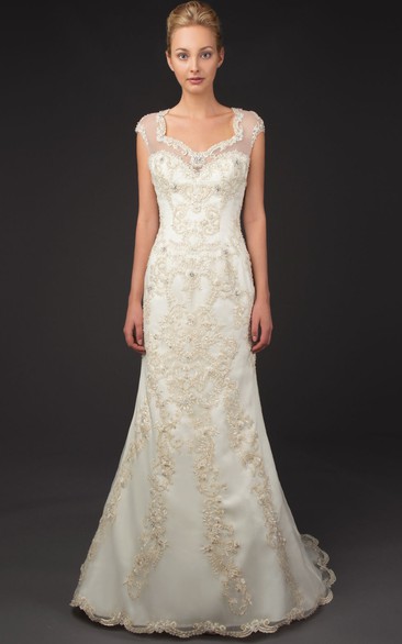 Square Neck Cap Sleeve Appliqued Tulle Wedding Dress With Brush Train