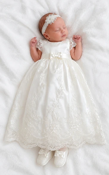 Baby Christening Gown Modest A-Line Cap Sleeve Tulle Lace Tea-Length with Bow Sash in Ivory