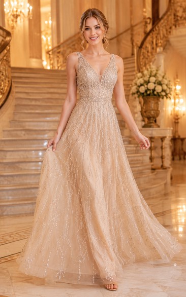 Champagne Beaded A-Line Evening Gown with V-Neck and Tulle Skirt