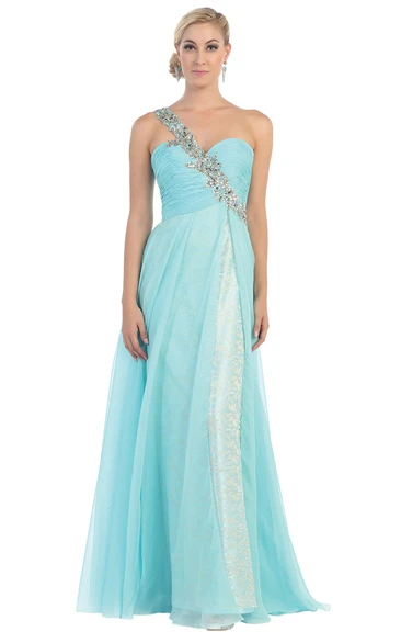 A-Line Maxi One-Shoulder Chiffon Lace Zipper Dress With Ruching And Beading