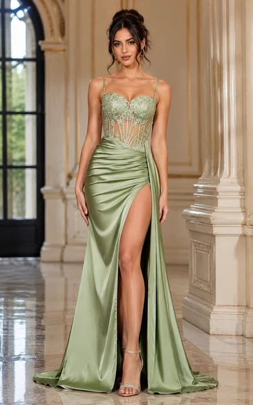 Satin Prom Dress in Sage, Spaghetti Strap, Sweetheart Mermaid Sweep Train Gown with Beading and Drape