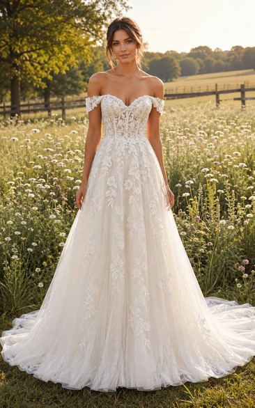 Off-the-Shoulder A-Line Lace Country Wedding Dress with Full Tulle Train