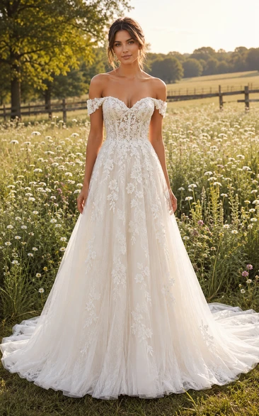 Off-the-Shoulder A-Line Lace Country Wedding Dress with Full Tulle Train