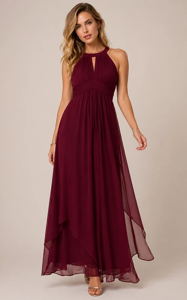 Elegant Burgundy Chiffon Halter Neck Evening Gown with Flowing High-Low Hem