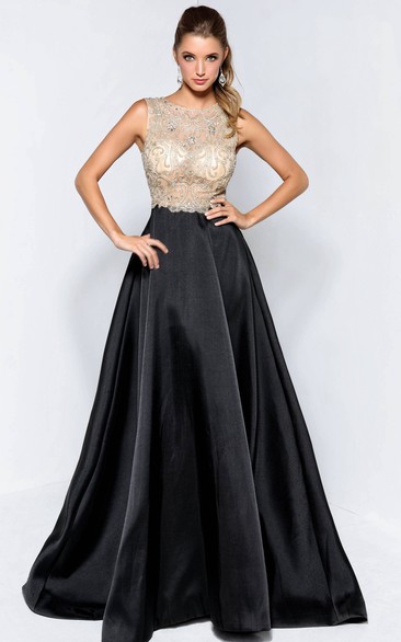 A-Line Long Scoop-Neck Sleeveless Satin Court Train Illusion Dress With Beading