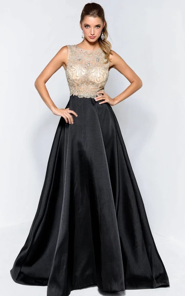 A-Line Long Scoop-Neck Sleeveless Satin Court Train Illusion Dress With Beading