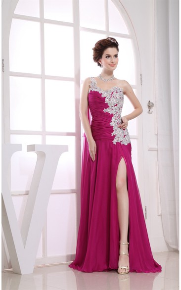 One Shoulder Front Split Ruched Bodice Gown With Jeweled Embellishment and Zipper Back
