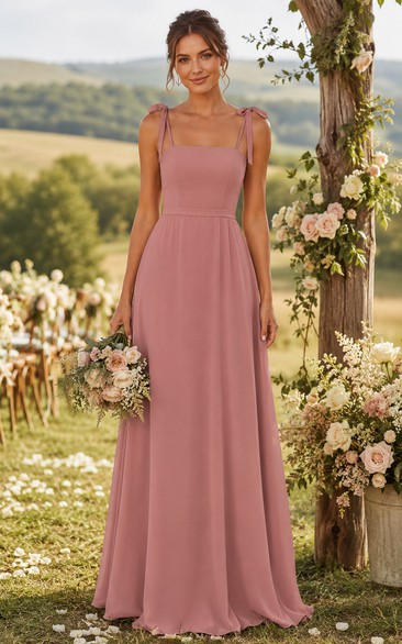 Dusty Rose Square Neck Bow Strap A-Line Chiffon Dress