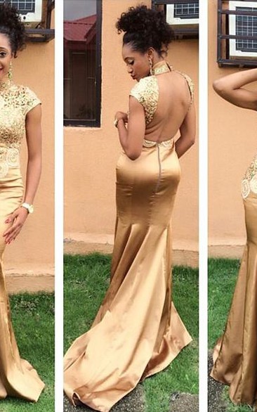 Golden High Neck Evening Dress Lace Appliques