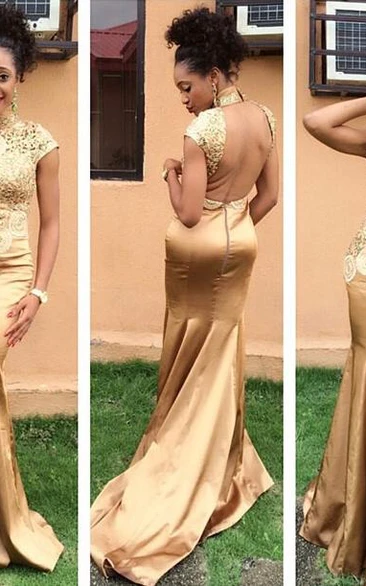 Golden High Neck Evening Dress Lace Appliques