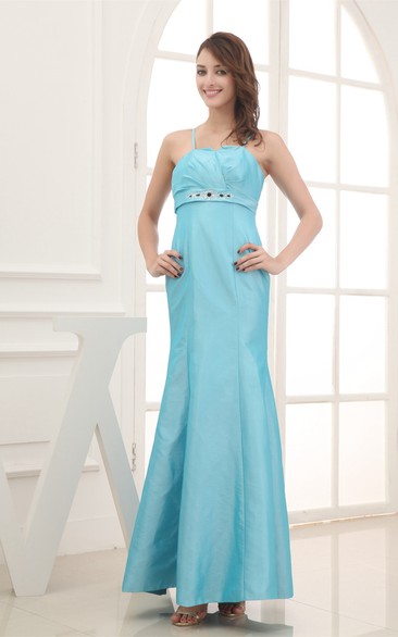 Spaghetti-Straps Ankle-Length Notched Dress With Jeweled Waist