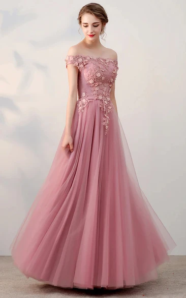 Blush Off-the-shoulder Empire Tulle Lace Applique Pleated Floor-length Prom Dress