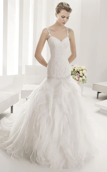 Lace Spaghetti Straps Mermaid Wedding Gown With Tiered Skirt