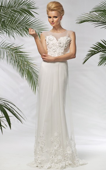 Sheath Maxi Scoop-Neck Cap-Sleeve Floral Tulle Wedding Dress With Embroidery