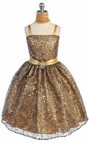 Tea-Length Cape Beaded Tiered Sequins & Satin Flower Girl First Communion Dress With Sash