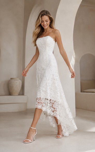 White Strapless Lace High-Low Sheath Wedding Dress