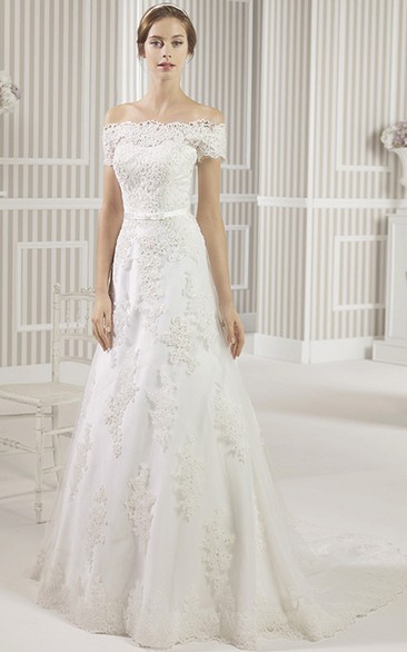A-Line Appliqued Off-The-Shoulder Lace Wedding Dress