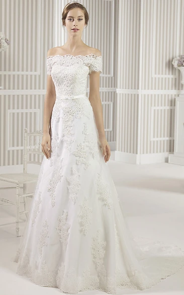 A-Line Appliqued Off-The-Shoulder Lace Wedding Dress