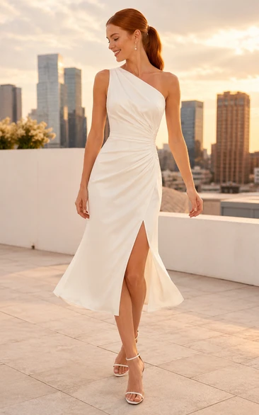 Einseitig schulterfreies, gerafftes Brautkleid aus Satin in Teelänge mit Schlitz vorne