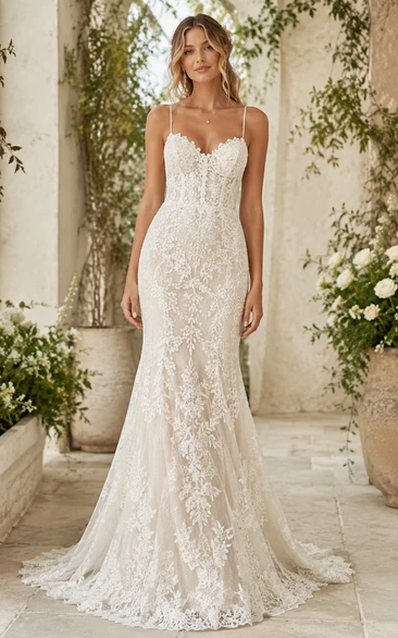 Country Sexy Mermaid Wedding Dress Sleeveless Sweetheart Lace Floor Length Chapel Train Ivory