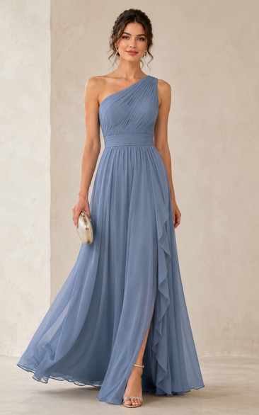 Steel Blue One-Shoulder Chiffon A-Line Dress with Slit