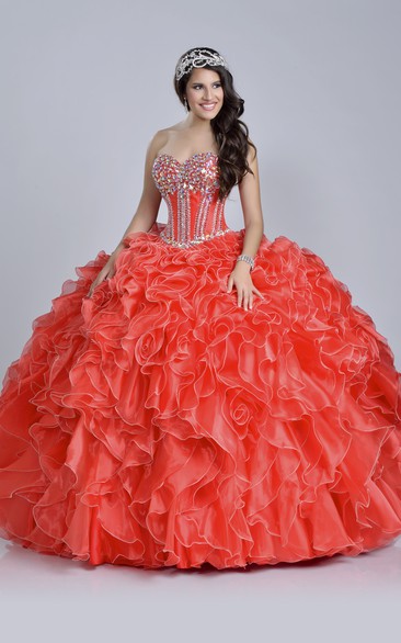 Sequined Corset Ball Gown With Sweetheart Neck And Ruffles
