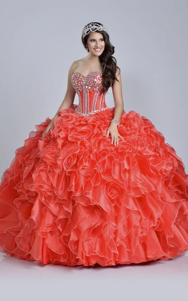 Sequined Corset Ball Gown With Sweetheart Neck And Ruffles