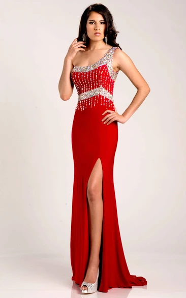 One-Shoulder Side Slit Jersey Sheath Prom Dress With Glittering Top