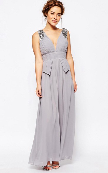 A-Line Ruched Ankle-Length V-Neck Sleeveless Chiffon Bridesmaid Dress With Beading