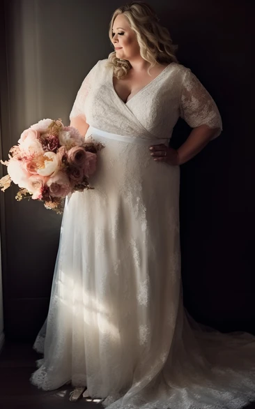 Lace V-neck Half-sleeve Plus Size Empire Sexy Elegant Plus Size Wedding Dress