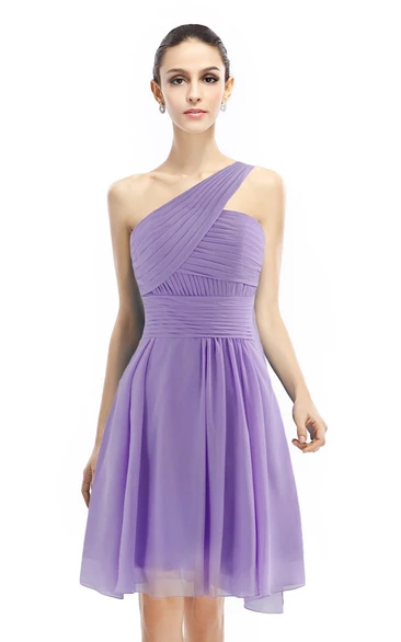 Knee-length One-shoulder Ruched A-line Dress With Band