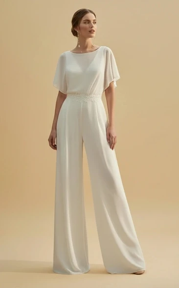 Loose Short Sleeve Lace Embroidery Waist Wide Leg Wedding Jumpsuit