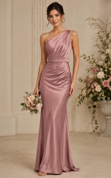 Dusty Rose One-Shoulder Satin Mermaid Bridesmaid Dress