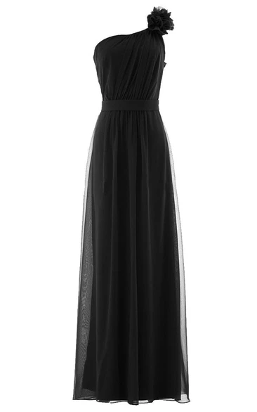 One-shoulder Chiffon Gown With Floral Shoulder