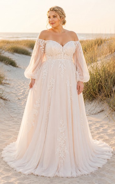 Robe de mariée grande taille à épaules dénudées et coupe trapèze, manches longues transparentes