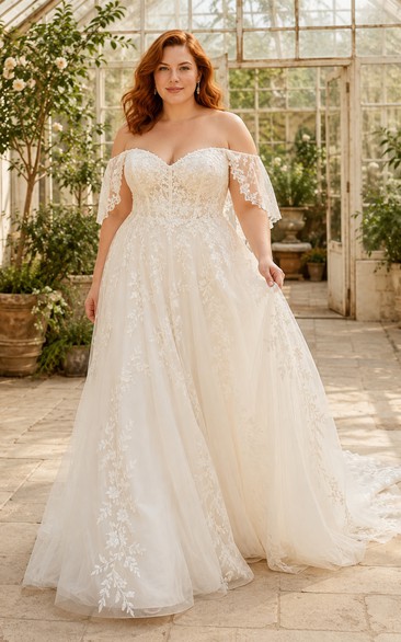 Plus Size Brautkleid in zartem Rosa mit schulterfreiem Design und langen Ärmeln