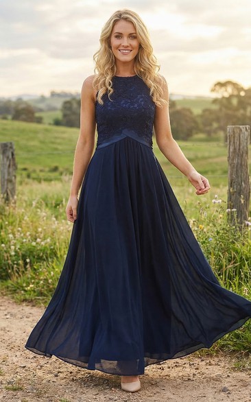 Blue Scoop Neck Chiffon Gown with Pleats