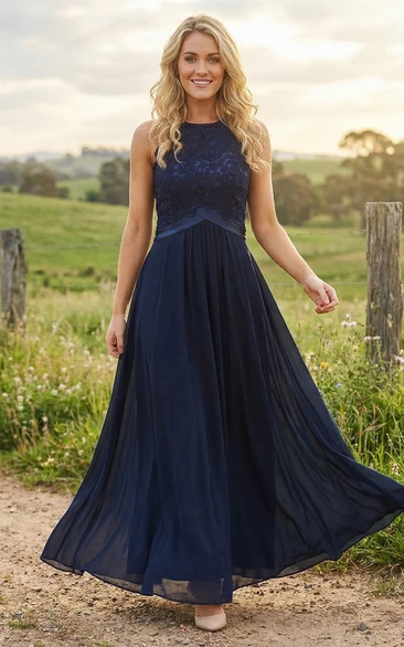 Blue Scoop Neck Chiffon Gown with Pleats